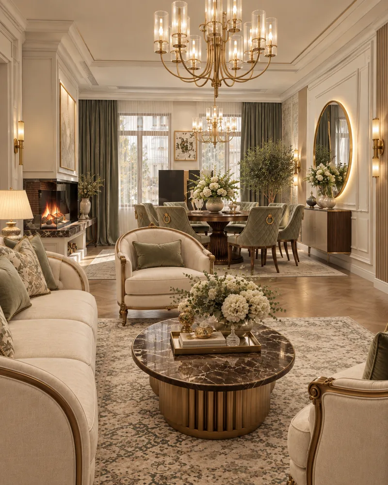 Living and dining space with a marble coffee table, gilt armchair and fireplace, interiors furniture to scale
