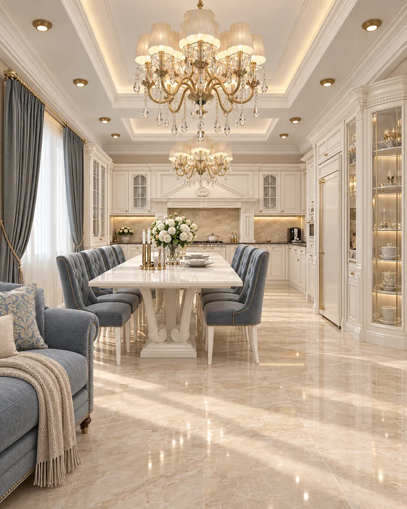 Classic kitchen and dining space with a white pedestal table and lit glass display cabinets, luxury kitchen interiors