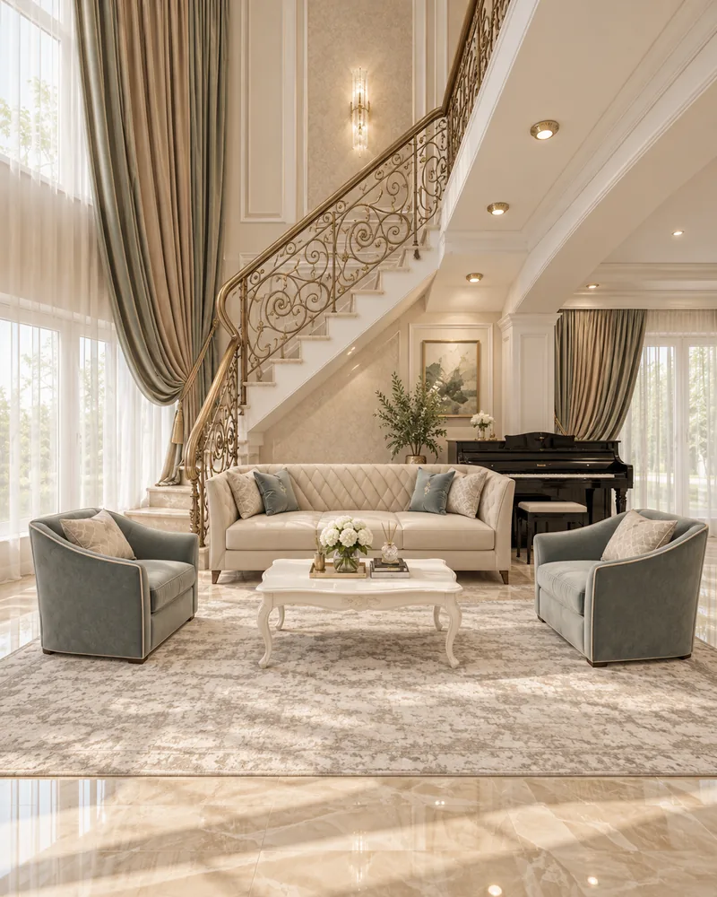 Diamond-tufted cream sofa and sage velvet armchairs beside a curved staircase, luxury living room interior