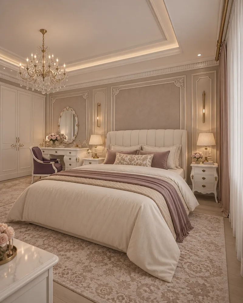 Master bedroom with a channel-tufted ivory bed and white bombe nightstands, designer furniture for a classic bedroom