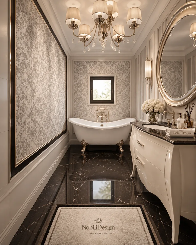 Bathroom with a clawfoot roll-top tub, black marble floor and ivory vanity, luxury interiors in classic style