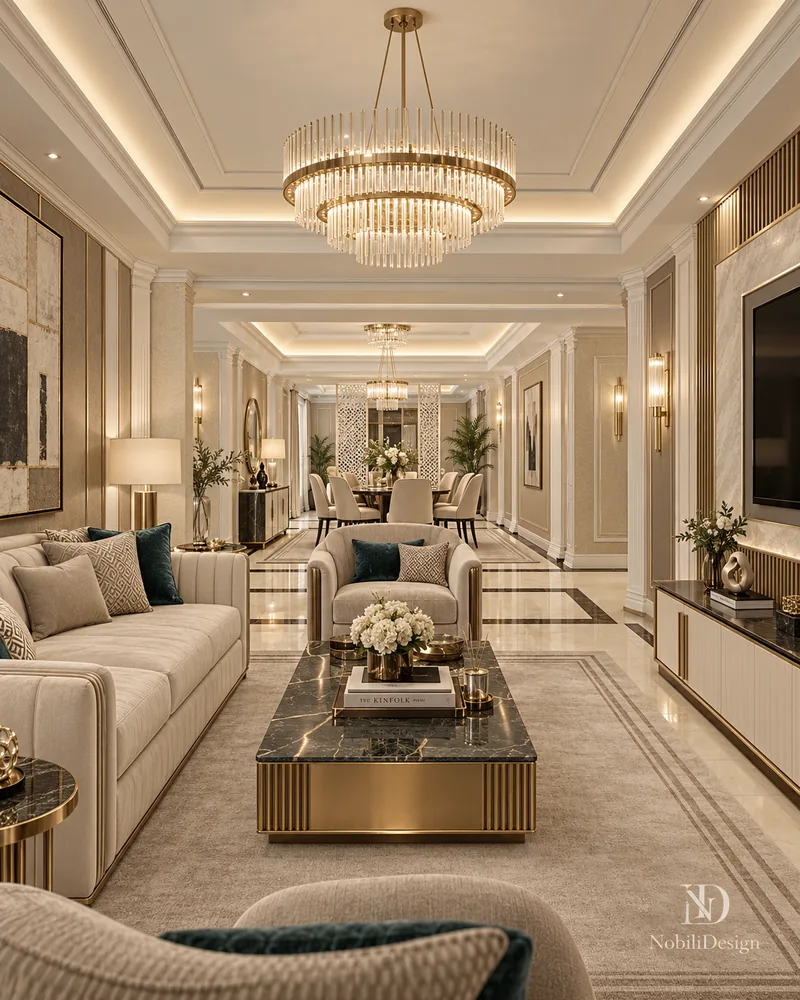 Master bathroom with freestanding tub, dark marble floor and ivory fluted vanity, luxury interiors in marble
