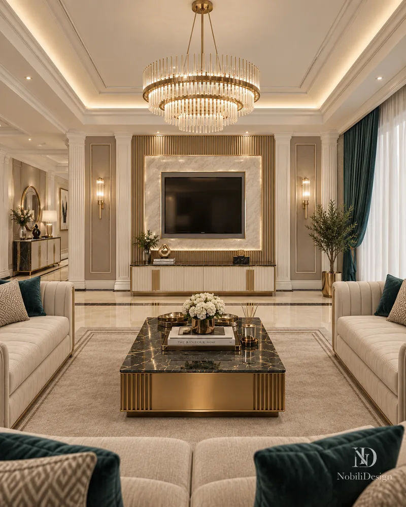 Living room facing a backlit marble TV wall with fluted brass panels, luxury living room interiors