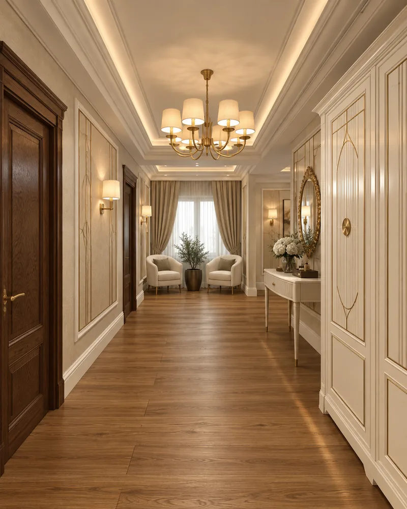 Ground-floor hall with built-in ivory wardrobes and a console with gilded mirror, luxury interiors with joinery