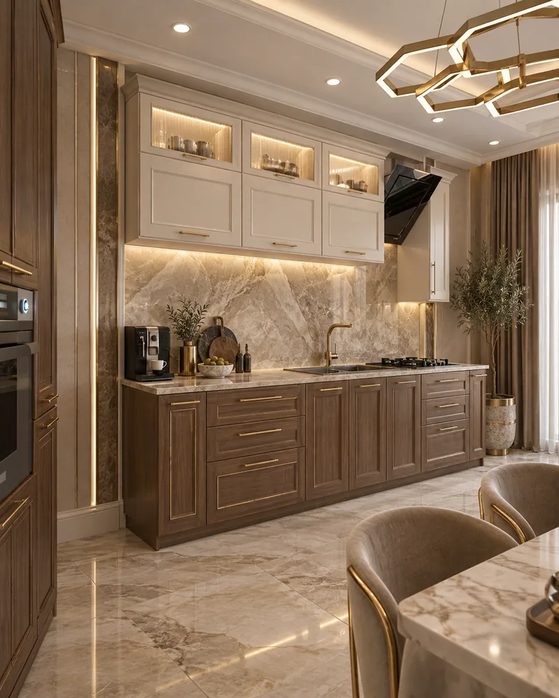 Contemporary kitchen with walnut-tone units, glass-front wall units and brass pendant, designer furniture