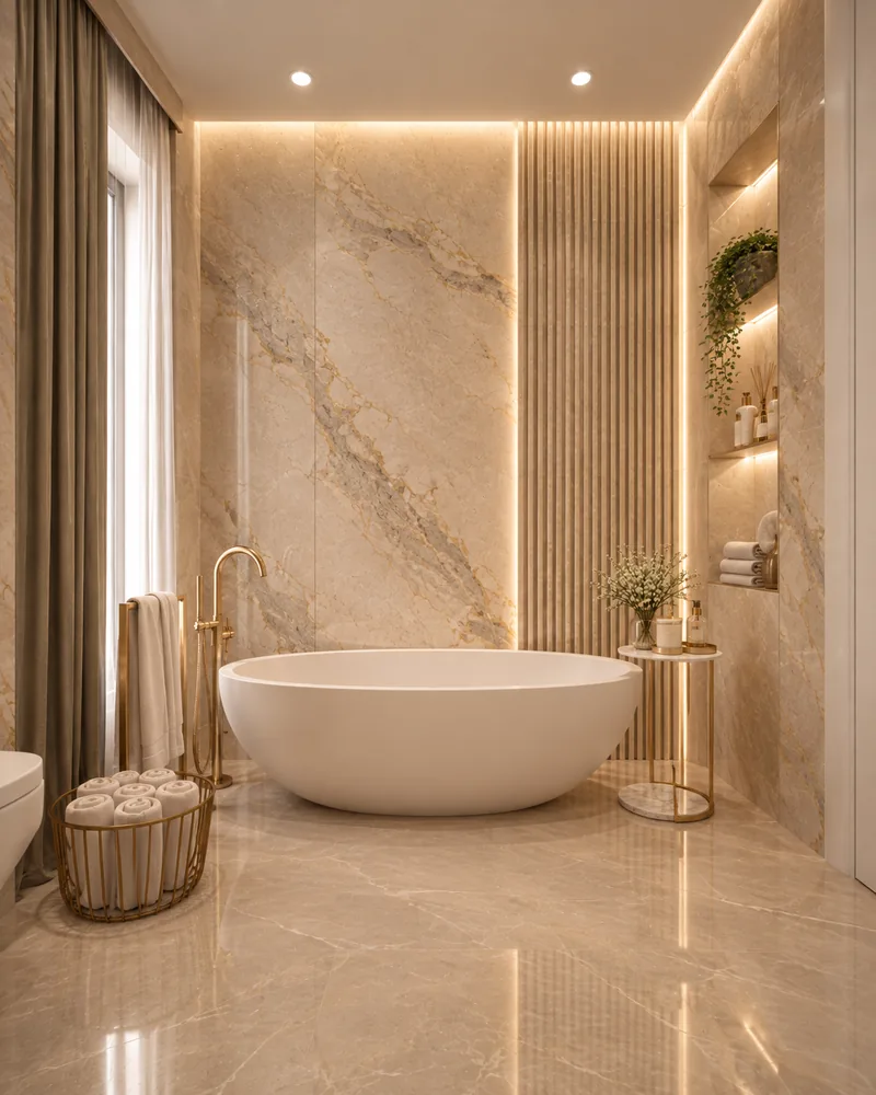 Master bathroom with a freestanding oval bathtub and veined marble feature wall, contemporary luxury interiors