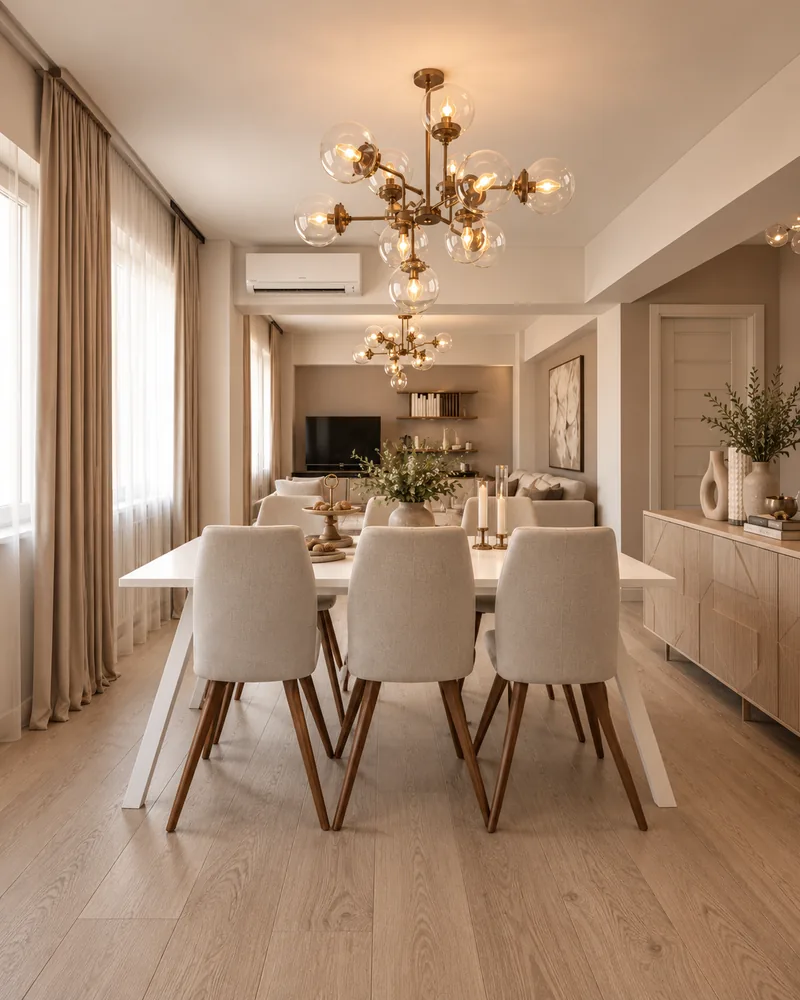Dining area with a white table for six and two glass globe chandeliers, contemporary designer furniture