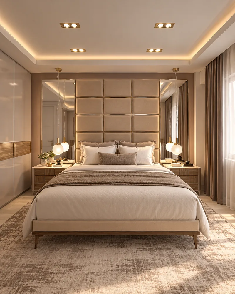 Master bedroom with a brass-trimmed padded headboard wall, luxury interiors in light oak and warm greige
