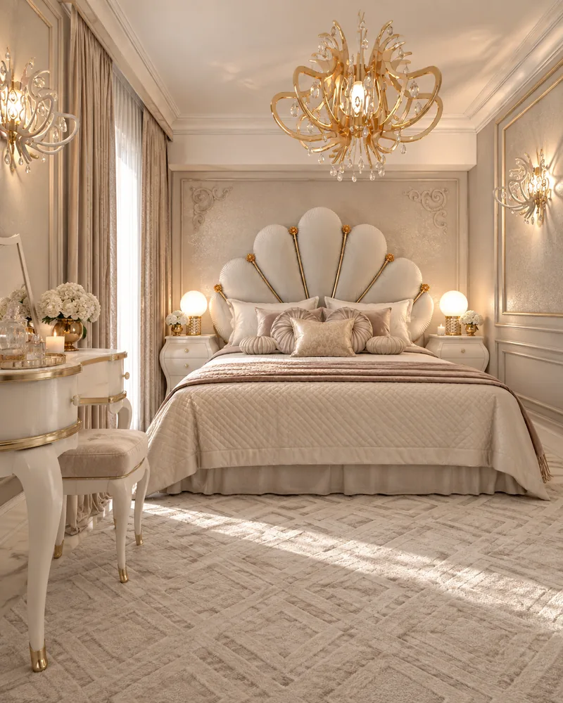 Bedroom with a scallop-shaped ivory headboard and gold crystal chandelier, designer furniture for the bedroom