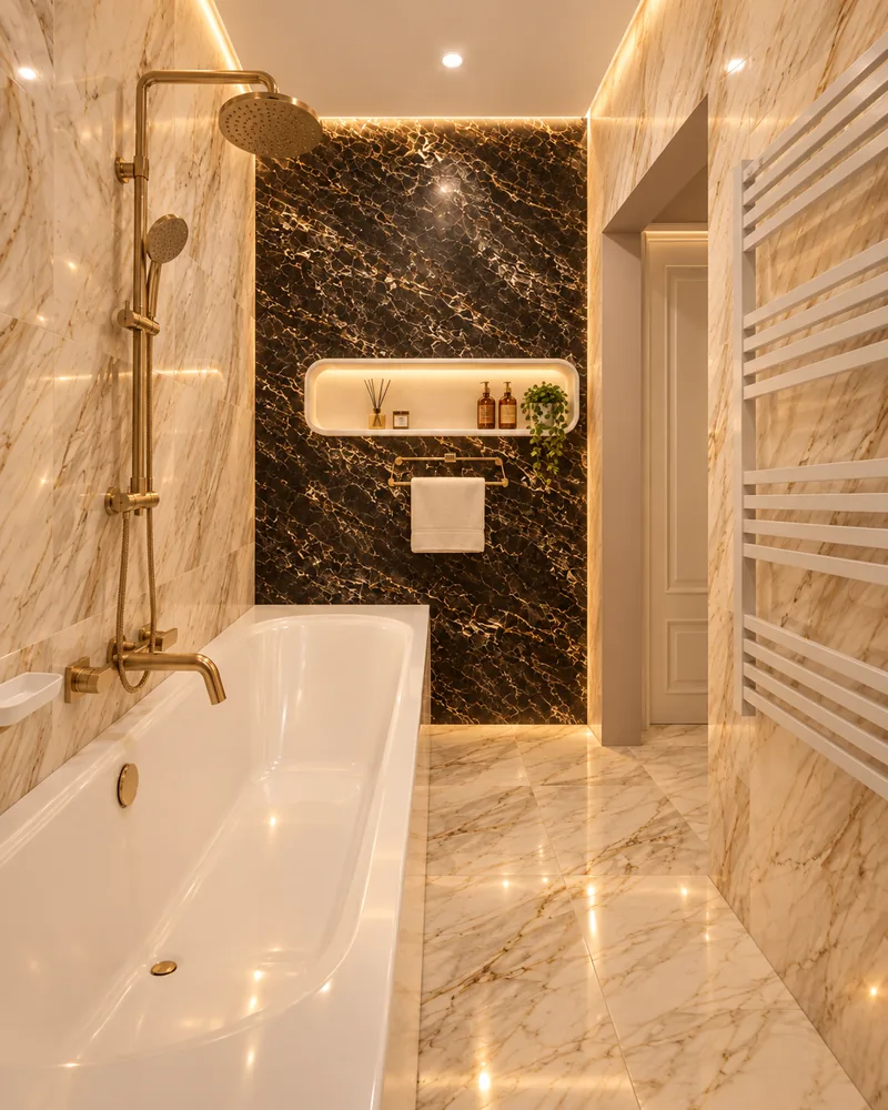 Bathroom with a black veined marble wall and brushed-gold rain shower, luxury interiors for a compact plan