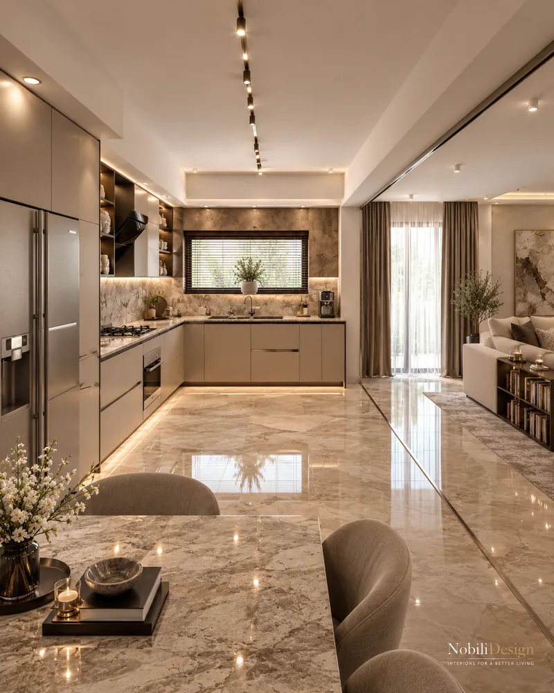 Kitchen with L-shaped taupe units, a marble table and glass partition, modern luxury interiors on one open plan
