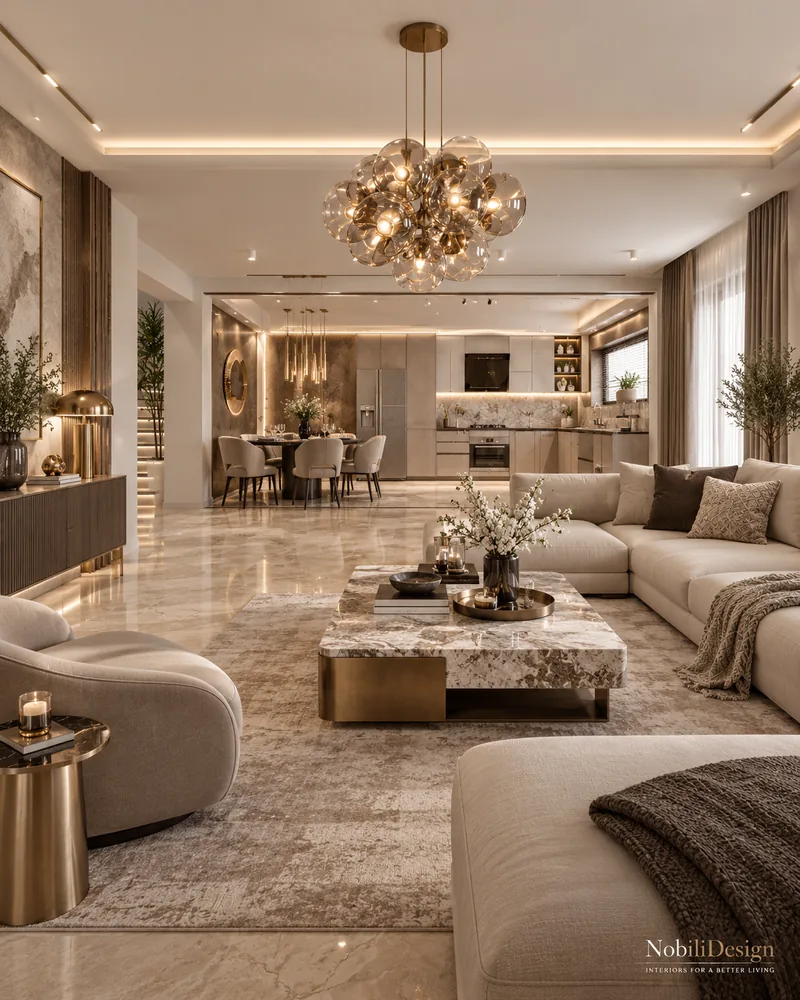 Living room open to dining and kitchen with a cream sectional and marble coffee table, modern designer furniture