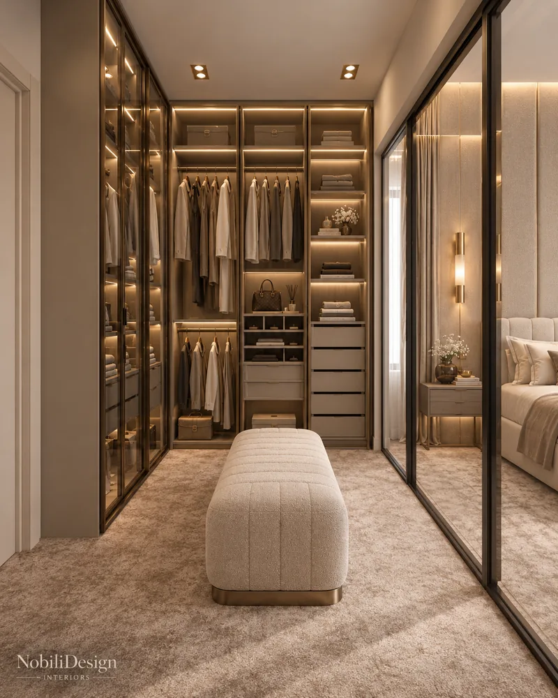 Walk-in closet with glass-front wardrobes, lit shelving and a boucle ottoman, modern luxury interior design